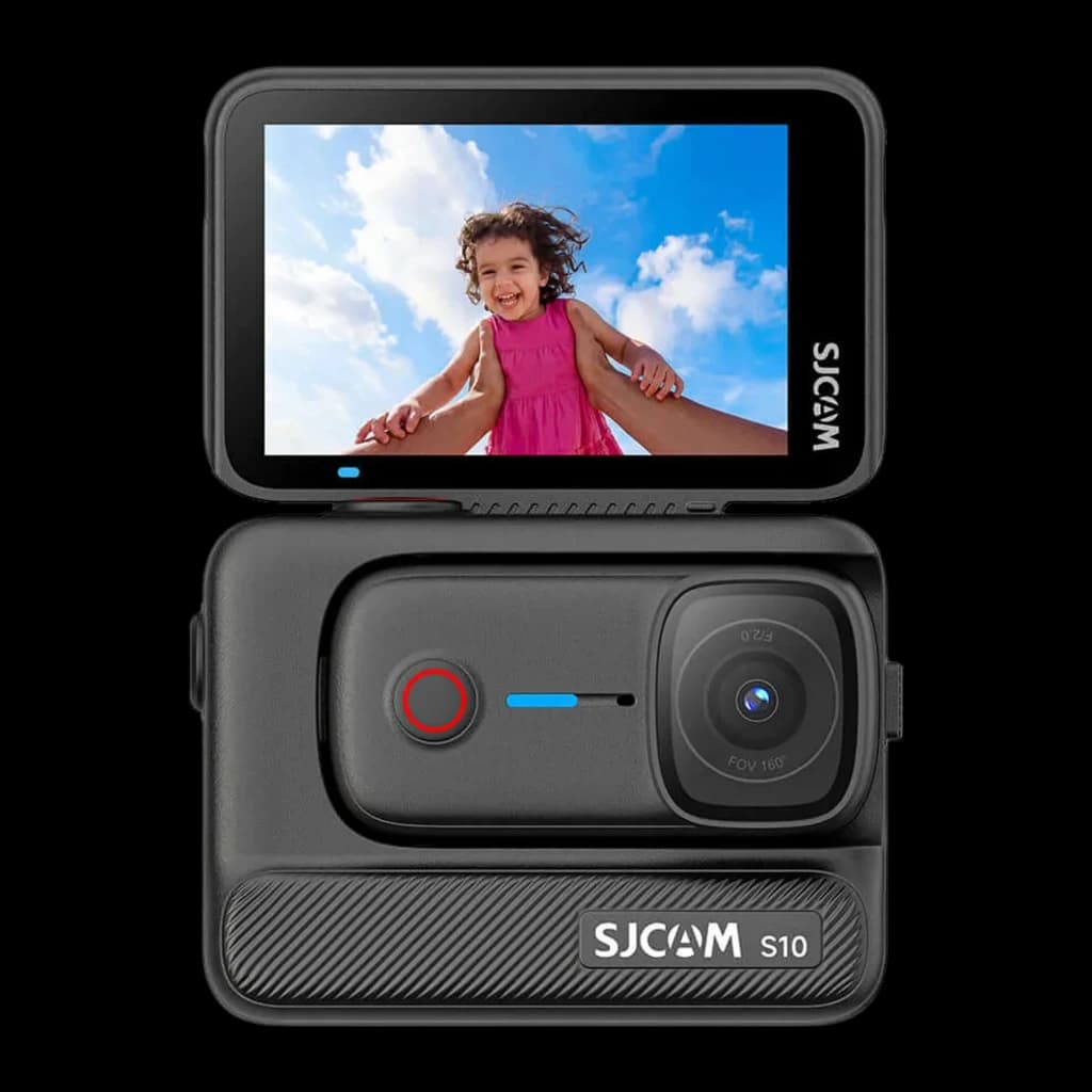 Cámara Deportiva SJCAM S10 4K 30fps, 128GB, lente gran angular, pantalla trasera a color, botón rojo frontal, cuerpo negro robusto, SteadyMotion 2.0,