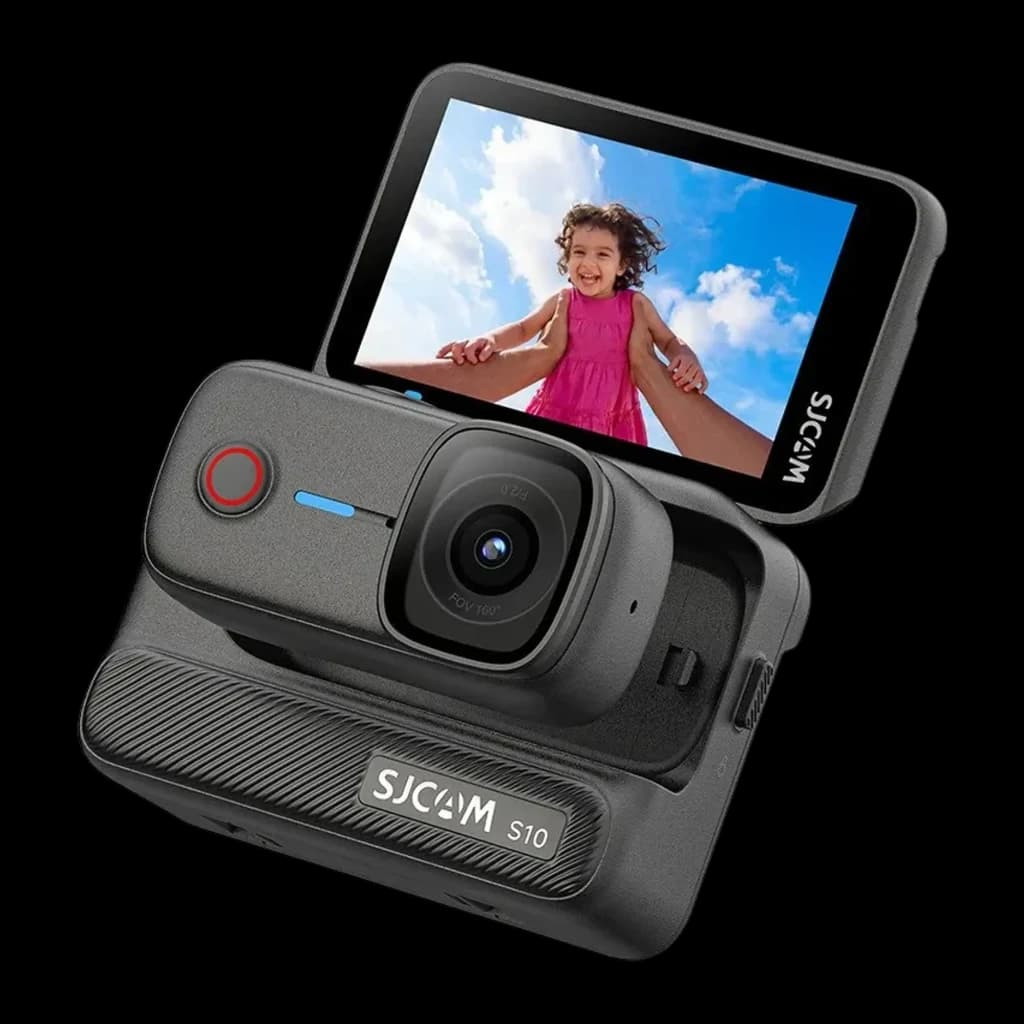 Cámara Deportiva SJCAM S10 4K 30fps con pantalla abatible, lente gran angular y cuerpo negro texturizado; incluye 128GB y estabilización SteadyMotion 2.0