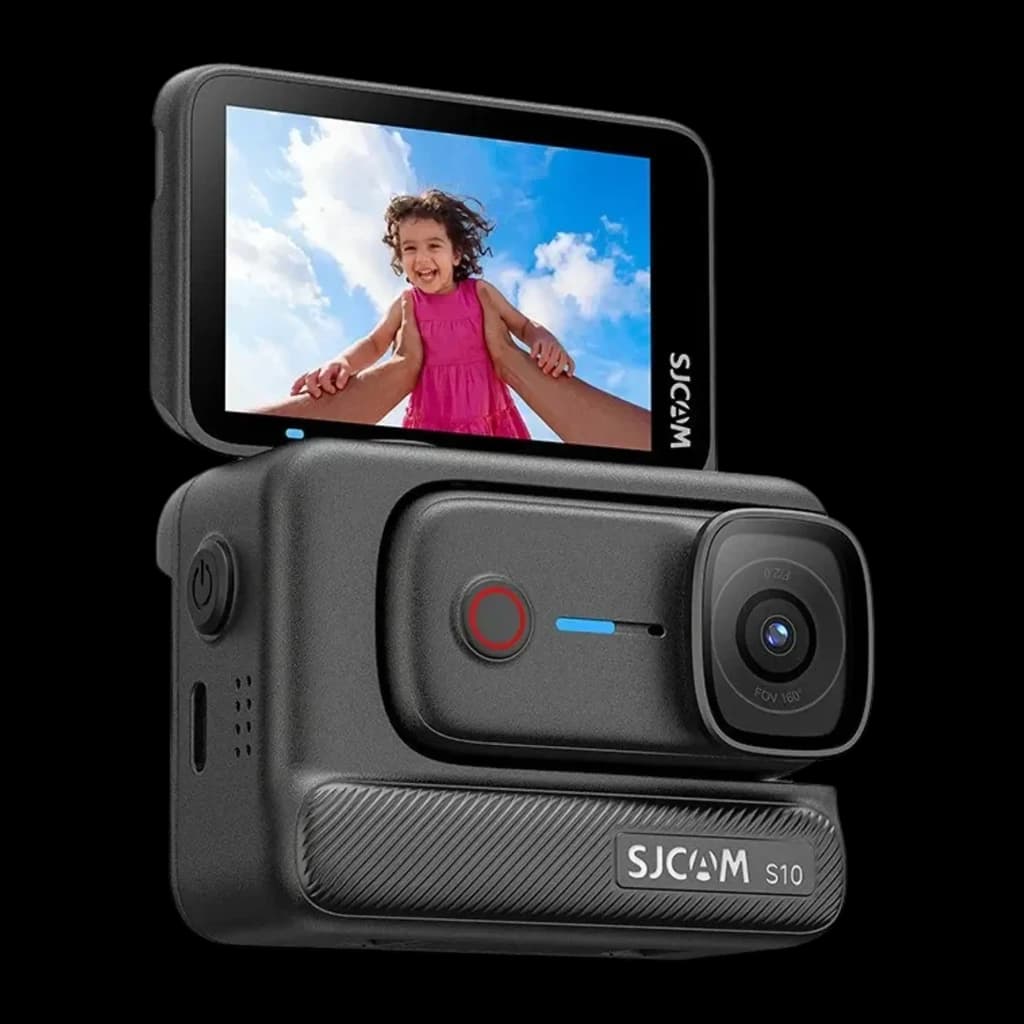 Cámara Deportiva SJCAM S10 128GB 4K 30fps con pantalla trasera a color, lente gran angular, botón rojo frontal y cuerpo negro robusto con marca SJCAM