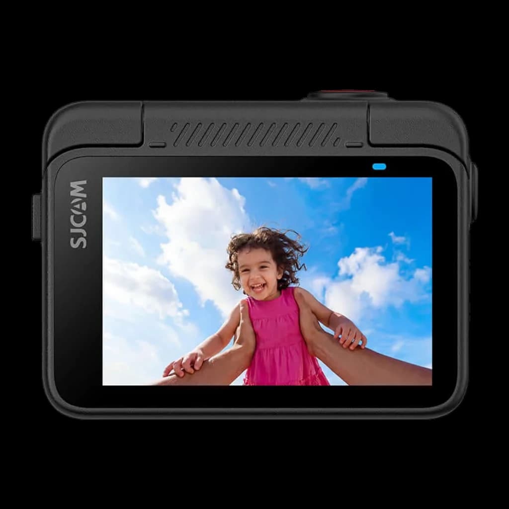 Pantalla trasera a color de la Cámara Deportiva SJCAM S10 con marco negro, botón superior rojo y logotipo SJCAM lateral; muestra captura nítida en 4K