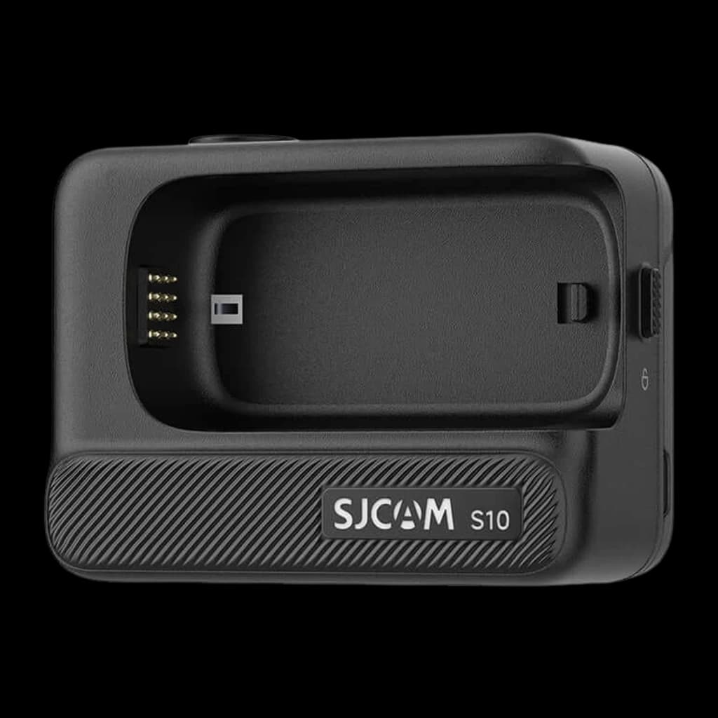 Base de carga negra SJCAM S10 con ranura para batería, pines dorados de contacto y acabado texturizado con logo SJCAM y etiqueta S10 en el frontal