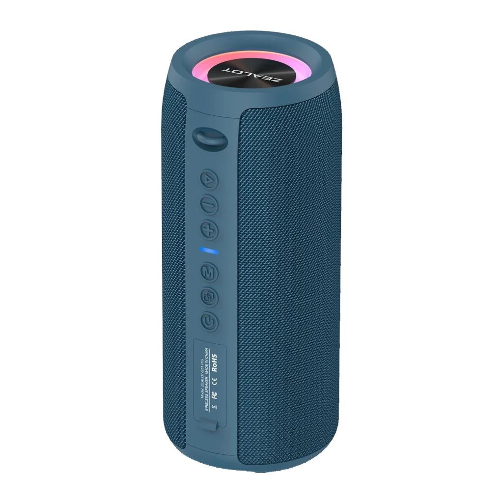 Altavoz Bluetooth Zealot S51 Pro IPX6 40W Azul, vista frontal en ángulo: tela azul, botones laterales, LED indicador y aro