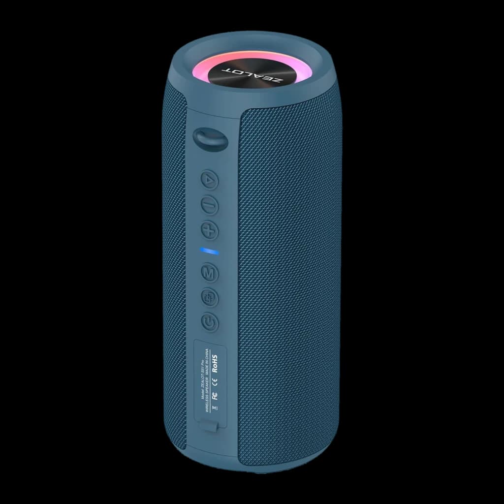 Altavoz Bluetooth Zealot S51 Pro IPX6 40W Azul, vista frontal en ángulo: tela azul, botones laterales, LED indicador y aro