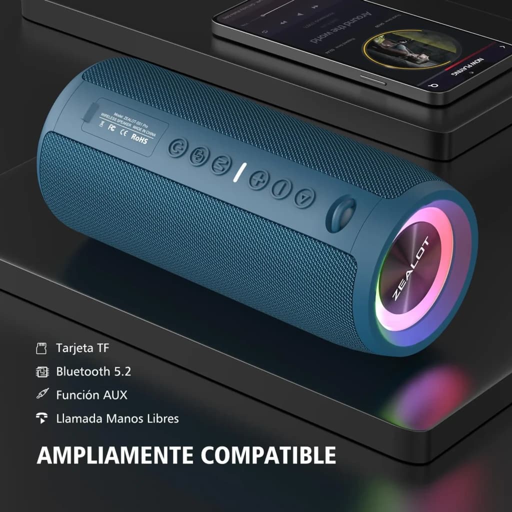 Altavoz Bluetooth Zealot S51 Pro IPX6 40W Azul, vista lateral: luces RGB en rejilla frontal y botones superiores visibles