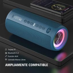 Altavoz Bluetooth Zealot S51 Pro IPX6 40W Azul, vista lateral: luces RGB en rejilla frontal y botones superiores visibles