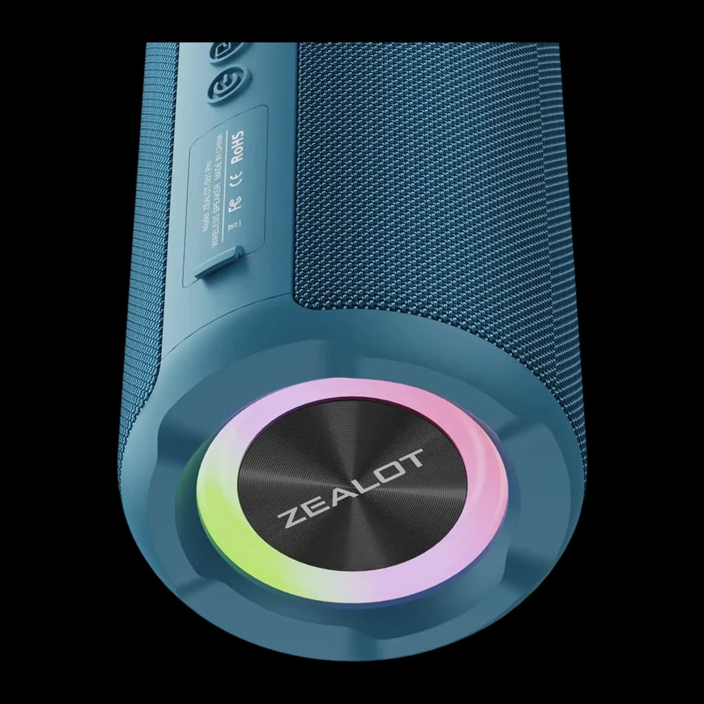 Altavoz Bluetooth Zealot S51 Pro IPX6 40W Azul, vista inferior: woofer circular con aro LED RGB multicolor y logo Zealot