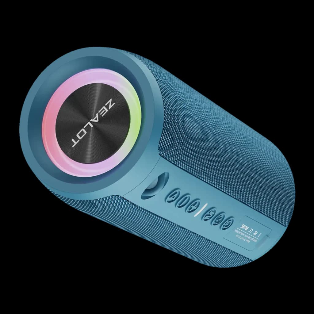 Altavoz Bluetooth Zealot S51 Pro IPX6 40W Azul, vista diagonal: aro LED RGB en frontal y botones laterales visibles