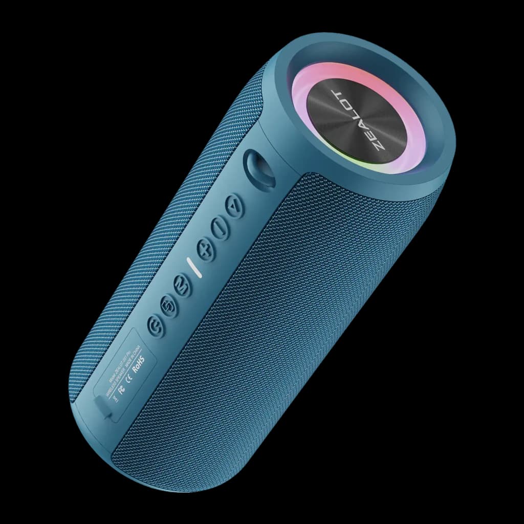 Altavoz Bluetooth Zealot S51 Pro IPX6 40W Azul, vista lateral-superior: tela azul, botones de control y luz RGB en la tapa