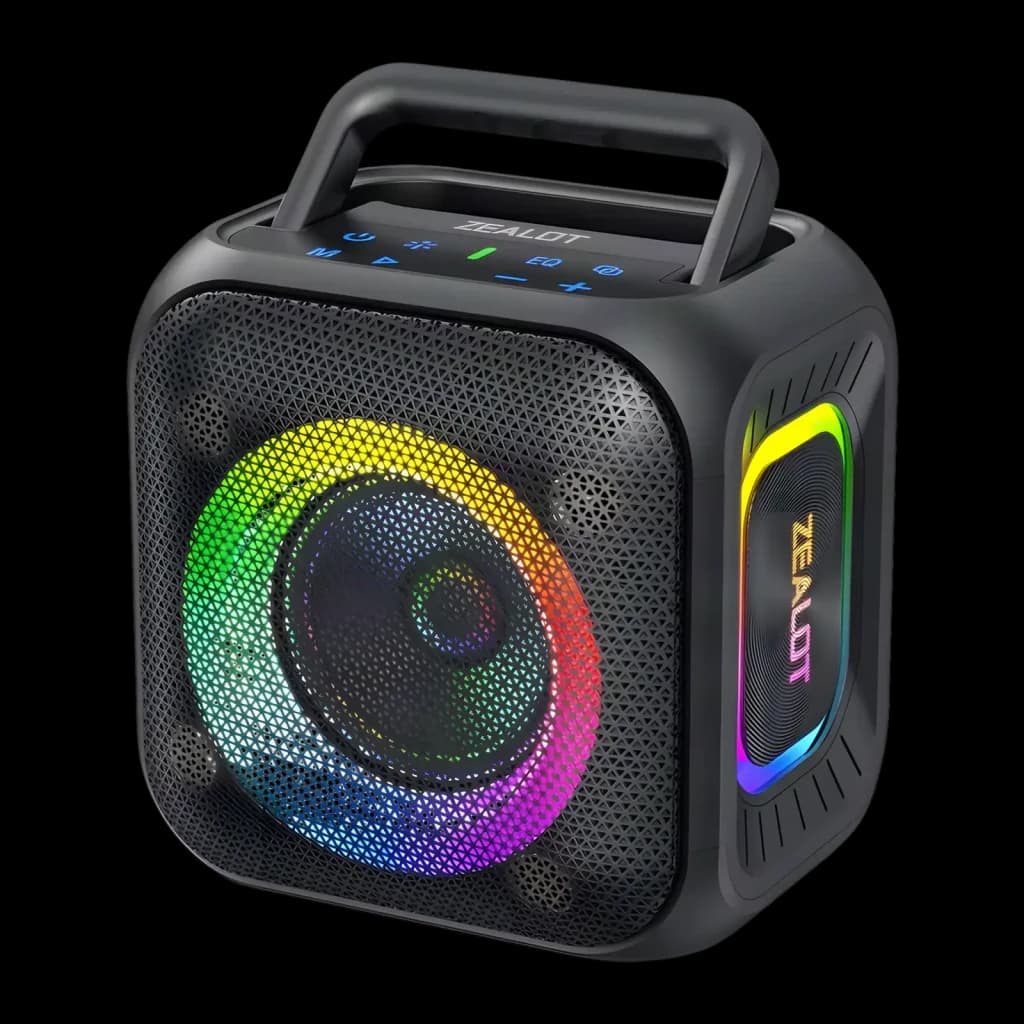 Altavoz Bluetooth Zealot PT01 IPX6 30W 12h negro, vista frontal en ángulo: woofer con luces RGB, asa y panel táctil