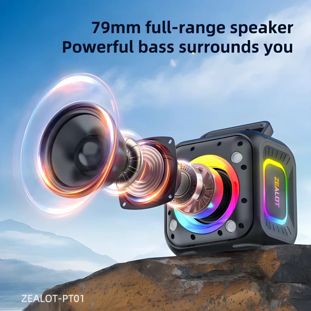 Altavoz Bluetooth Zealot PT01 IPX6 30W 12h, explosión: altavoz full-range 79mm con iluminación RGB multicolor sobre roca
