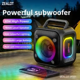 Altavoz Bluetooth Zealot PT01 IPX6 30W 12h, vista frontal-lateral: luces RGB en altavoz y lateral, asa superior, escena