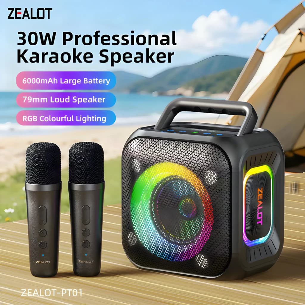 Altavoz Bluetooth Zealot PT01 IPX6 30W 12h negro, vista frontal: altavoz con luces RGB, asa y 2 micrófonos inalámbricos