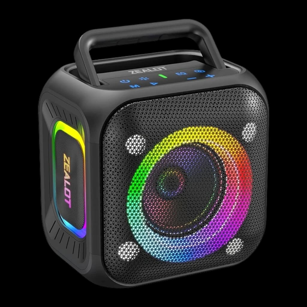 Altavoz Bluetooth Zealot PT01 IPX6 30W 12h, vista en ángulo: luces RGB en altavoz frontal y lateral, asa y botones superiores