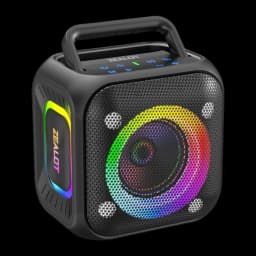 Altavoz Bluetooth Zealot PT01 IPX6 30W 12h, vista en ángulo: luces RGB en altavoz frontal y lateral, asa y botones superiores