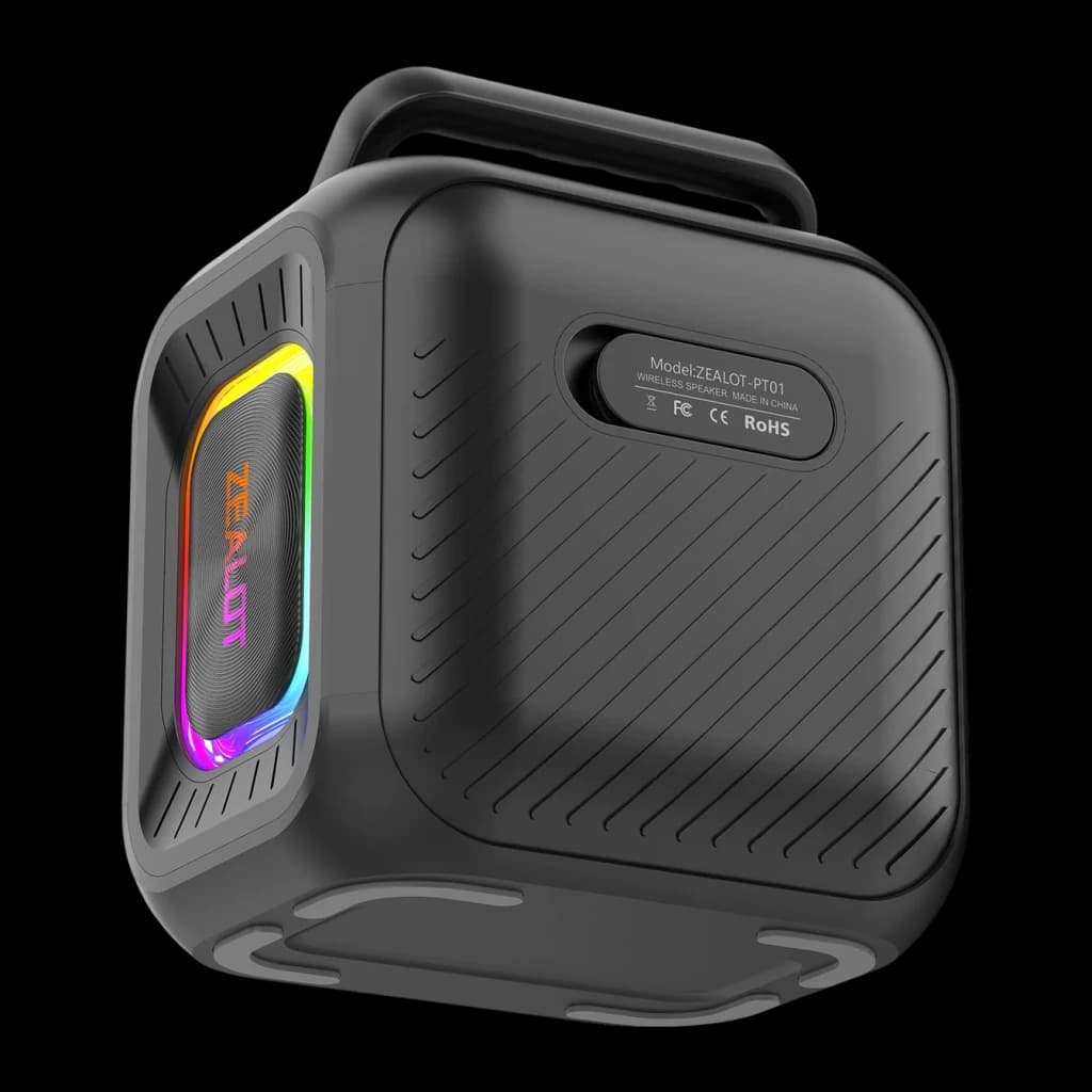 Altavoz Bluetooth Zealot PT01 IPX6 30W 12h, vista lateral-trasera: iluminación RGB, asa y etiqueta de certificaciones