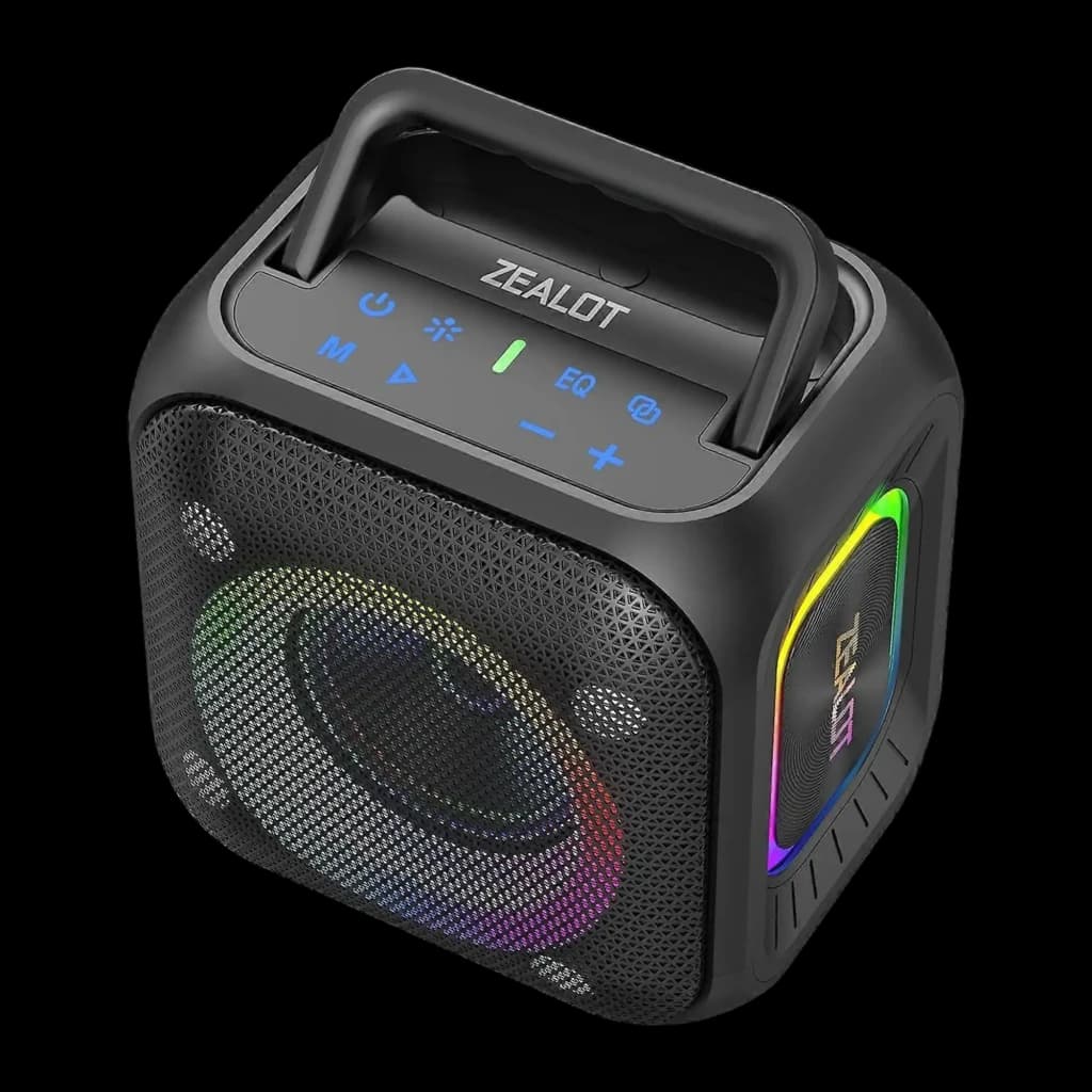 Altavoz Bluetooth Zealot PT01 IPX6 30W 12h negro, vista angular: asa superior, panel táctil azul y luces RGB multicolor
