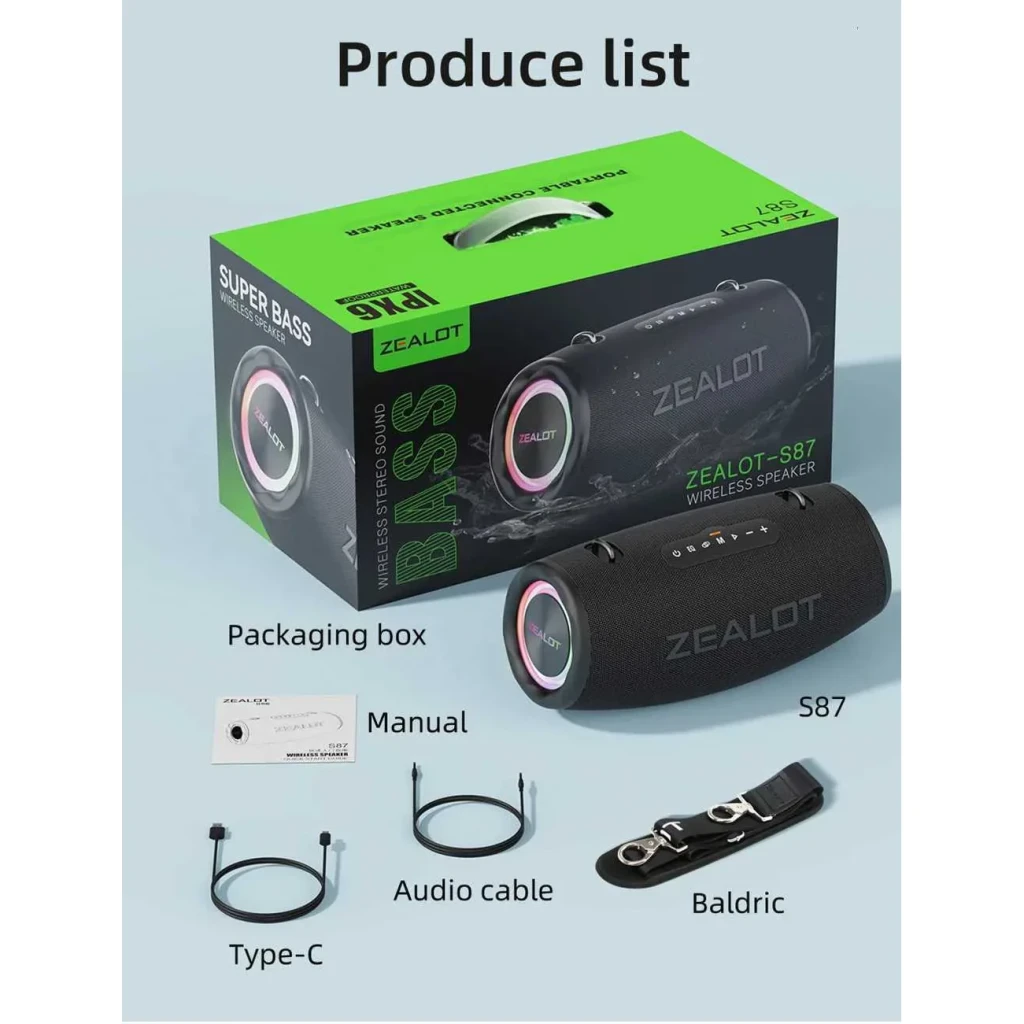 Altavoz bluetooth Zealot S87 IP67 80W 40h, contenido de caja: altavoz negro, caja, manual, cable USB-C, cable audio