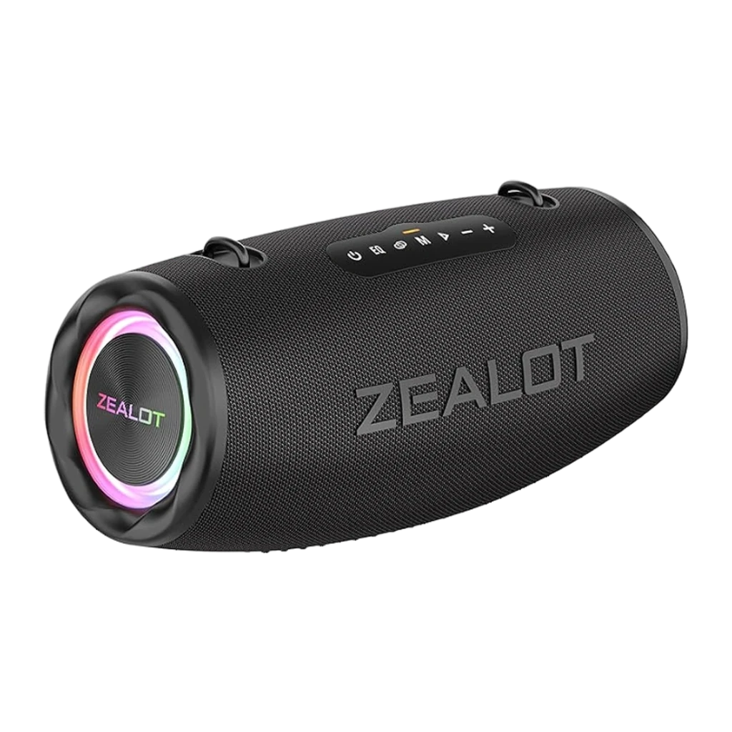 Altavoz bluetooth Zealot S87 IP67 80W 40h, vista en ángulo: cuerpo cilíndrico negro con LED RGB en altavoz frontal y botones