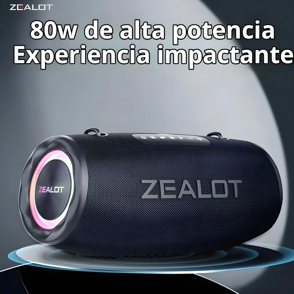 Altavoz bluetooth Zealot S87 IP67 80W 40h, vista lateral: cuerpo cilíndrico negro con rejilla textil, logo y luz RGB