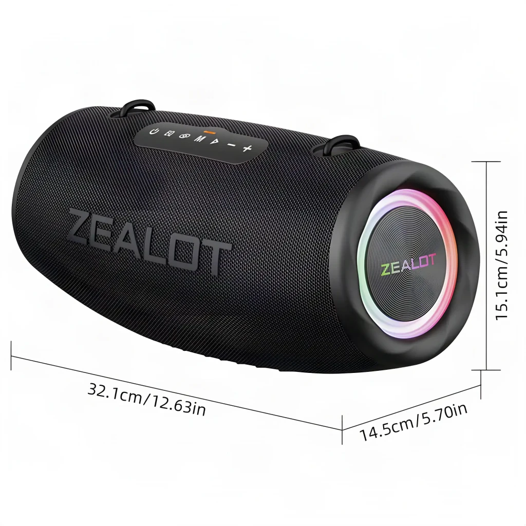 Altavoz bluetooth Zealot S87 IP67 80W 40h, vista lateral con cotas: 32.1×14.5×15.1cm, rejilla negra, LED RGB y botones