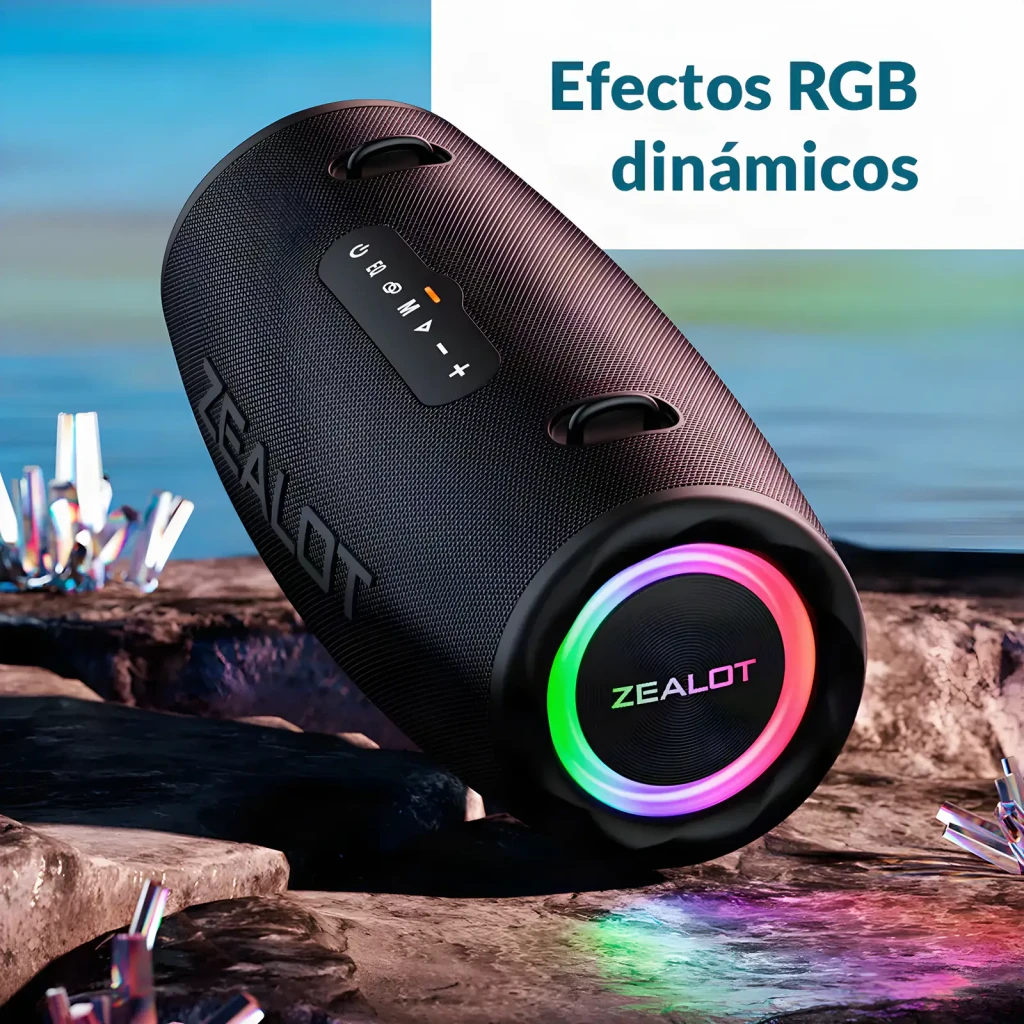 Altavoz bluetooth Zealot S87 IP67 80W 40h, vista frontal-lateral: anillo RGB multicolor en altavoz frontal y botones en tela