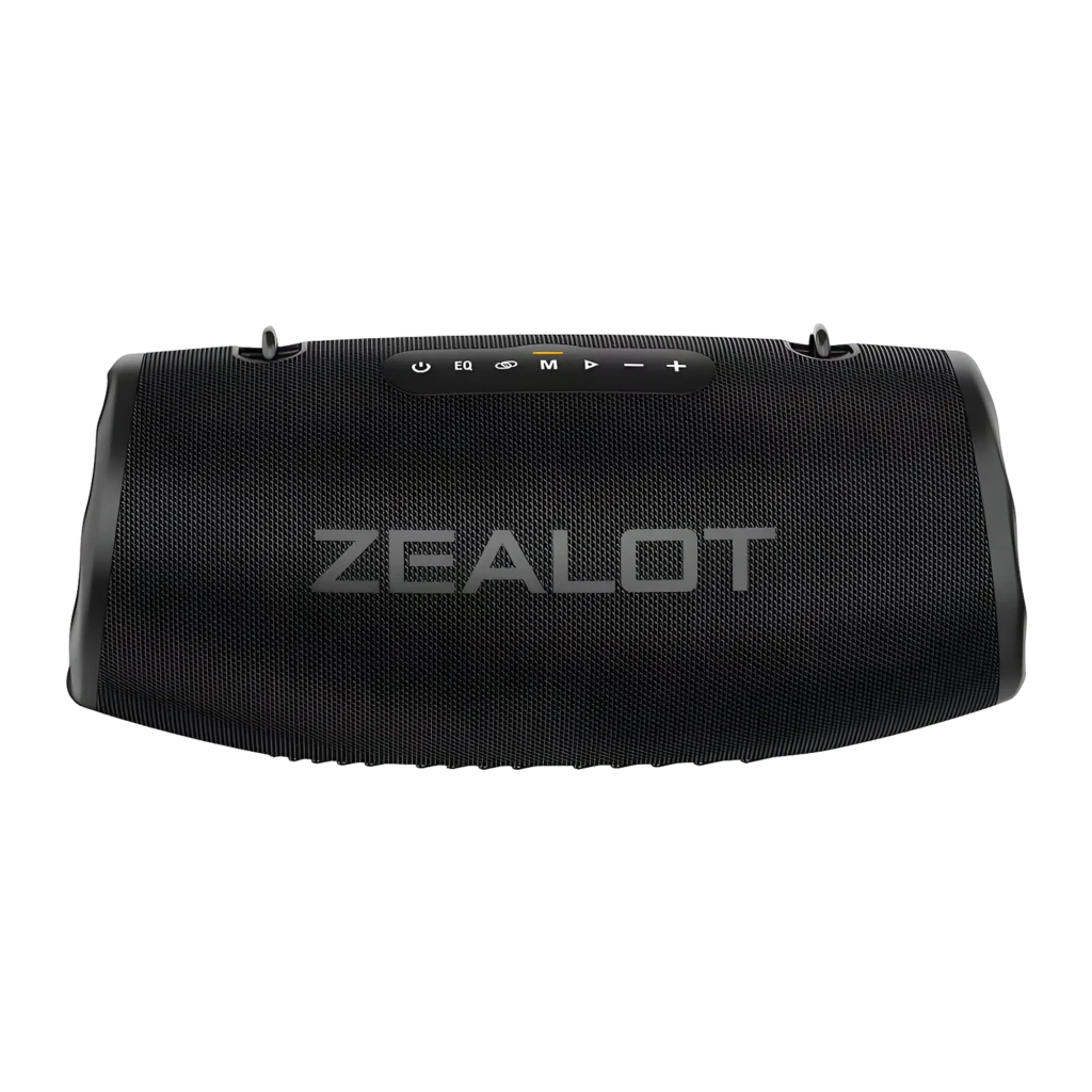 Altavoz bluetooth Zealot S87 IP67 80W 40h, vista frontal: rejilla negra con logo ZEALOT y botones superiores iluminados