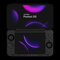 Consola portátil AYANEO Pocket DS en color Shadow Black con doble pantalla, bisagra central, joysticks duales, cruceta y botones frontales iluminados en