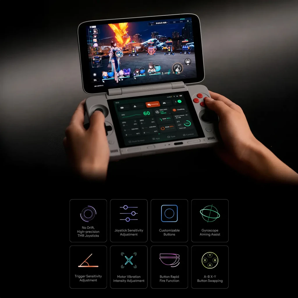 Console portable AYANEO Pocket DS noire, double écran avec animations violettes, sticks analogiques, croix directionnelle et boutons latéraux ergonomiques - Ítem6
