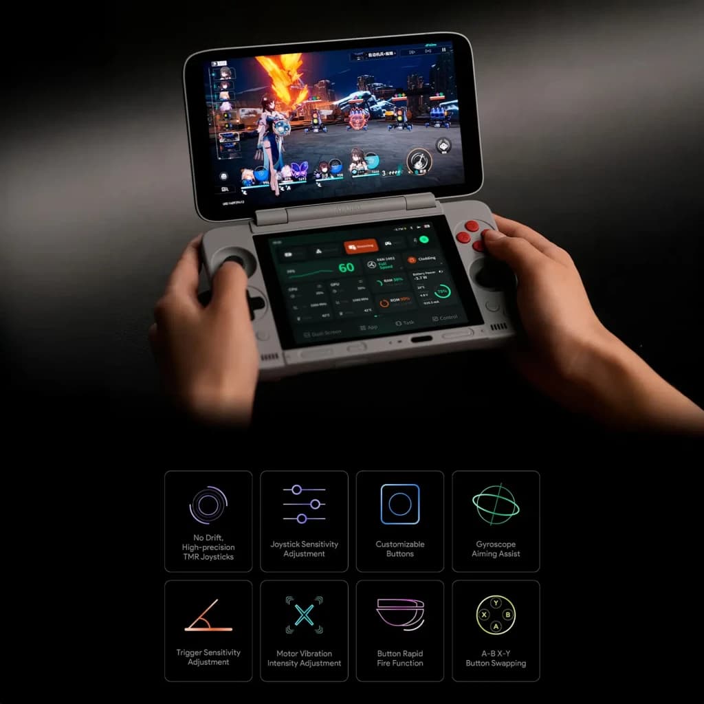 Consola portátil AYANEO Pocket DS negra con dos pantallas, sticks dobles, botones A B X Y, gatillos, giroscopio y controles personalizables para juegos