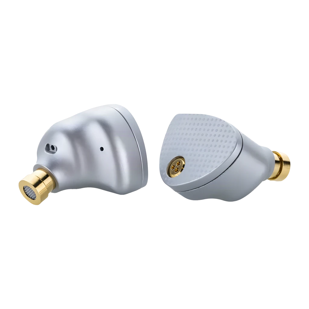 Auriculares MOONDROP Aria 2 Silver intrauditivos plateados con textura punteada, tornillos dorados y cable trenzado formando corazón, conectores 3.5 mm y 4.4 - Ítem2