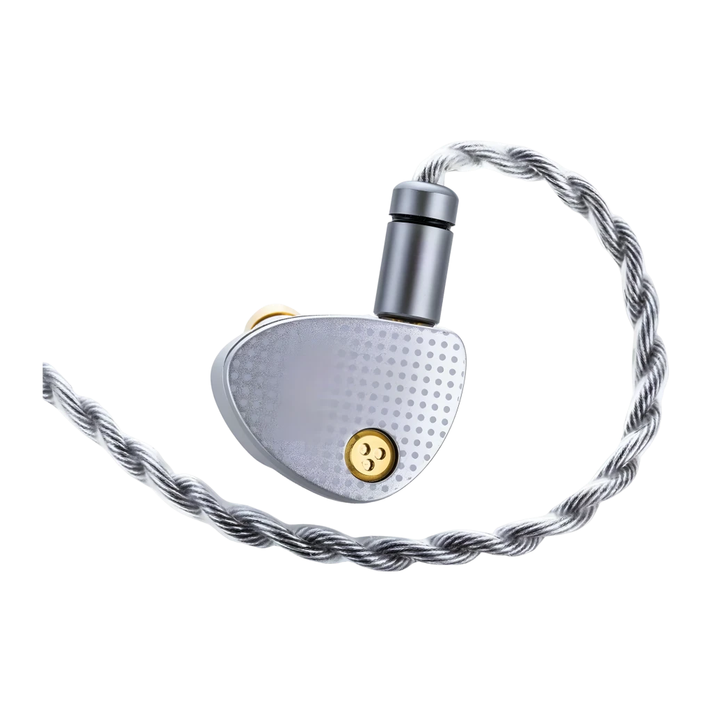 Auriculares MOONDROP Aria 2 Silver intrauditivos plateados con textura punteada, tornillos dorados y cable trenzado formando corazón, conectores 3.5 mm y 4.4 - Ítem1