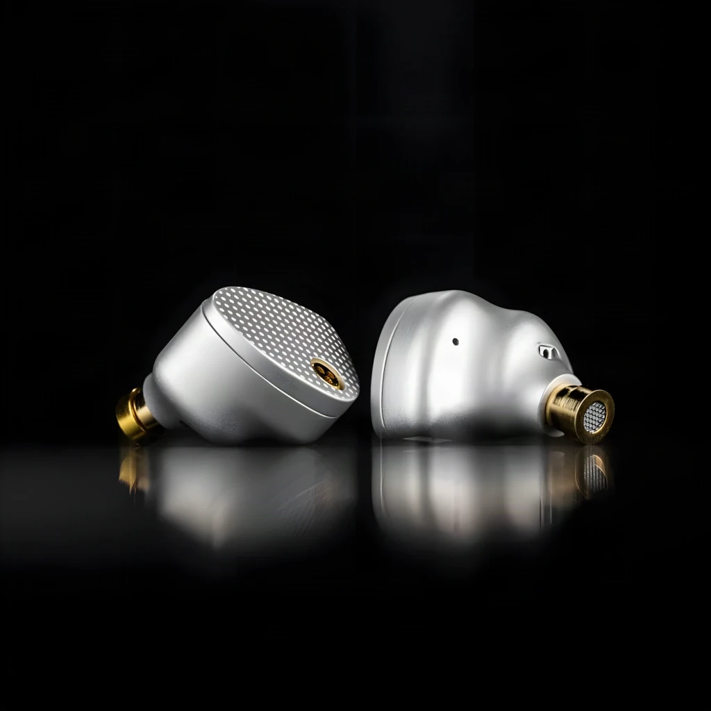 Auriculares MOONDROP Aria 2 Silver intrauditivos plateados con textura punteada, tornillos dorados y cable trenzado formando corazón, conectores 3.5 mm y 4.4 - Ítem6