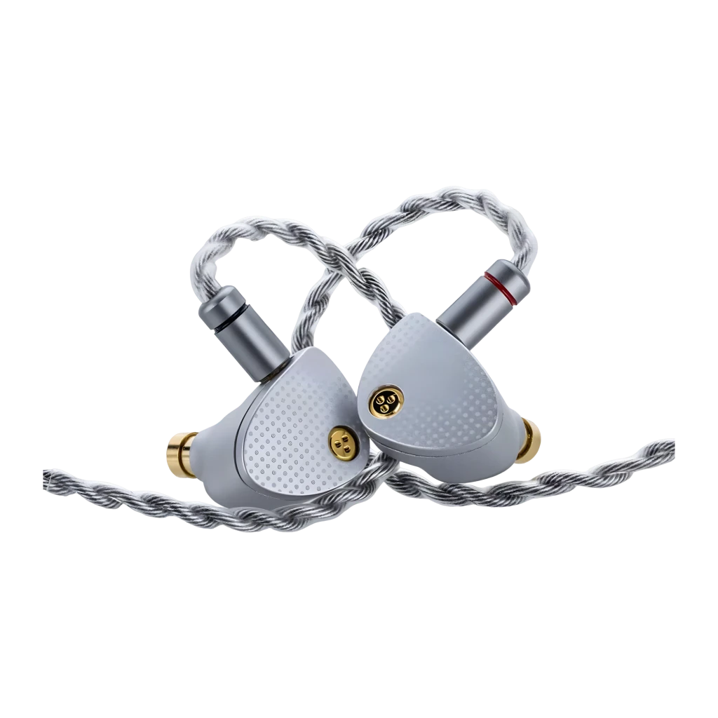 Auriculares MOONDROP Aria 2 Silver intrauditivos plateados con textura punteada, tornillos dorados y cable trenzado formando corazón, conectores 3.5 mm y 4.4 - Ítem10