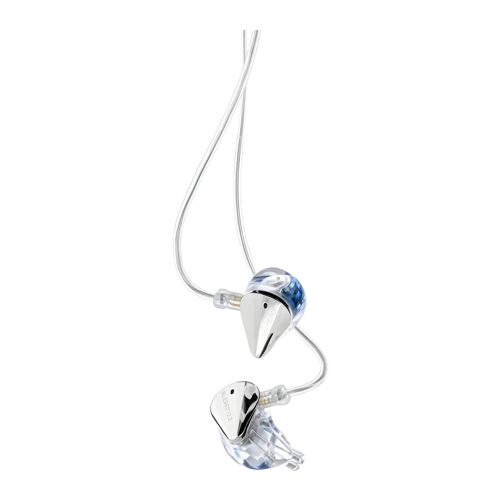 Auriculares Moondrop Blessing 3 In-Ear Cable Hi-Res con carcasas plateadas brillantes, bordes pulidos y boquillas transparentes con detalle azul claro - Ítem3