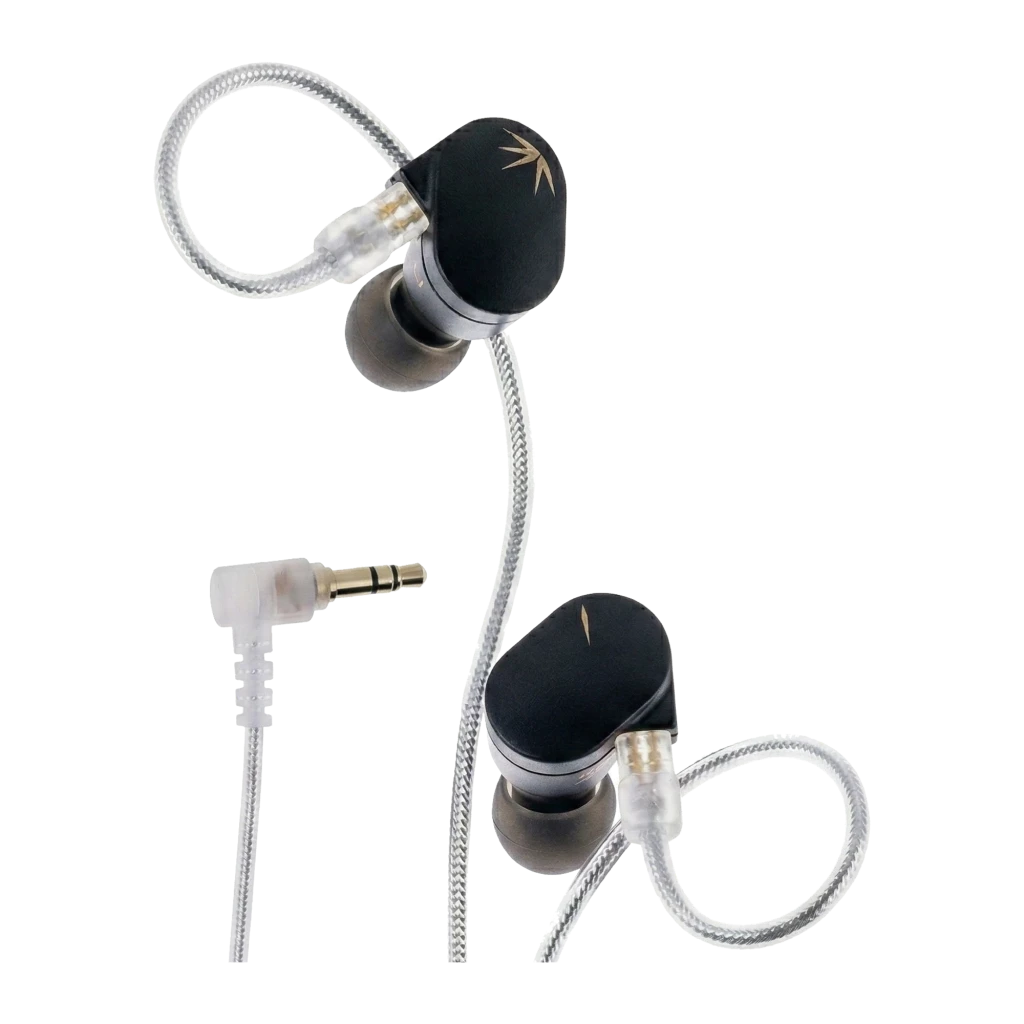 Auriculares Moondrop Chu II In-Ear negros con cable desmontable de 3.5 mm, diseño ergonómico tipo gancho y detalles dorados, sello L y R visibles - Ítem1