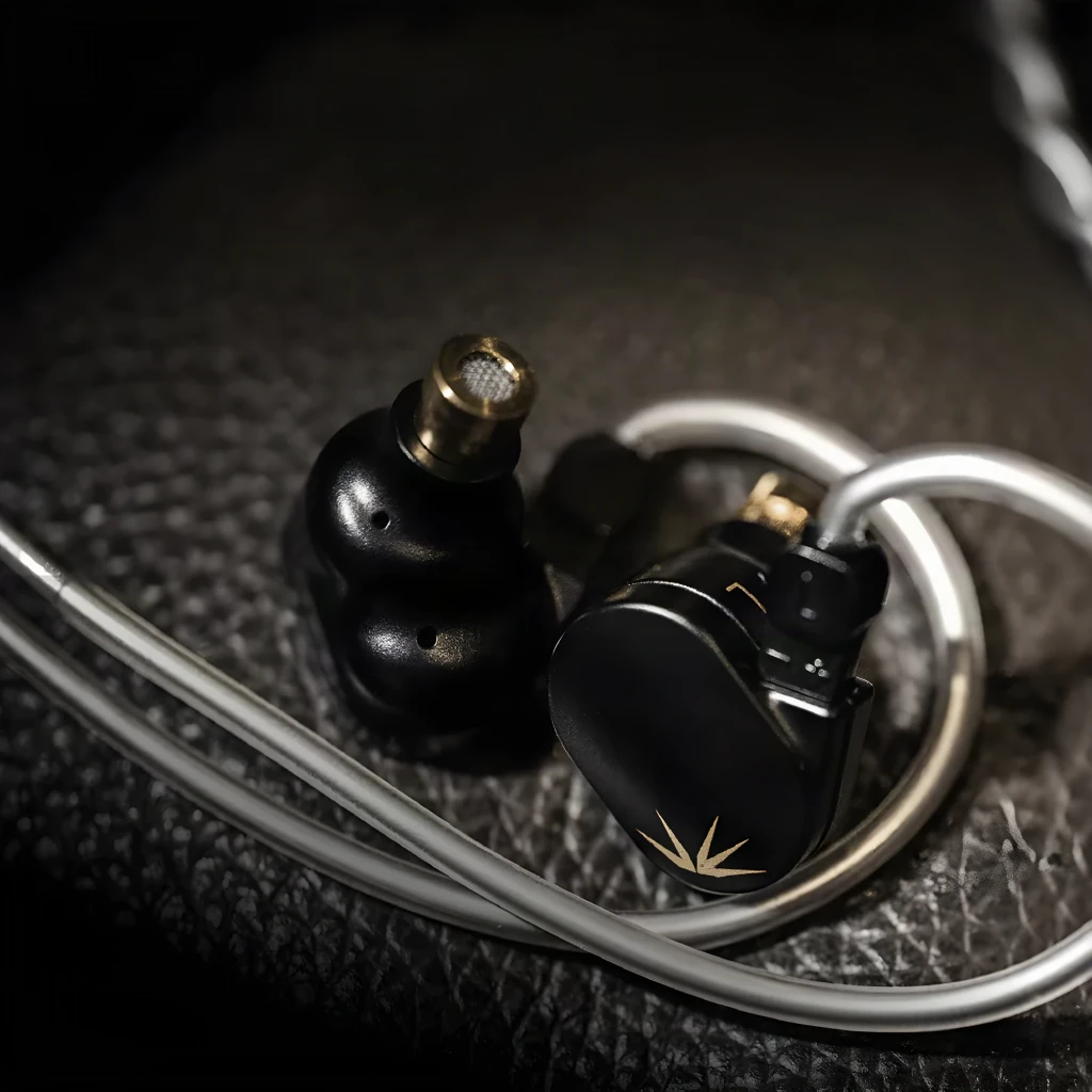 Auriculares Moondrop Chu II In-Ear negros con cable desmontable de 3.5 mm, diseño ergonómico tipo gancho y detalles dorados, sello L y R visibles - Ítem6