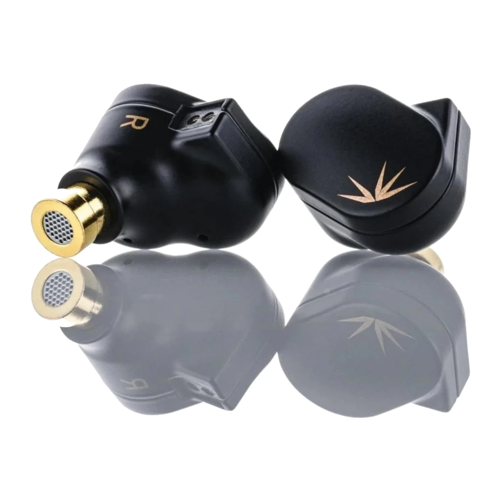 Auriculares Moondrop Chu II DSP In-Ear USB-C negros con carcasa metálica mate, logo dorado y cables plateados formando corazón; diseño compacto y elegante - Ítem5