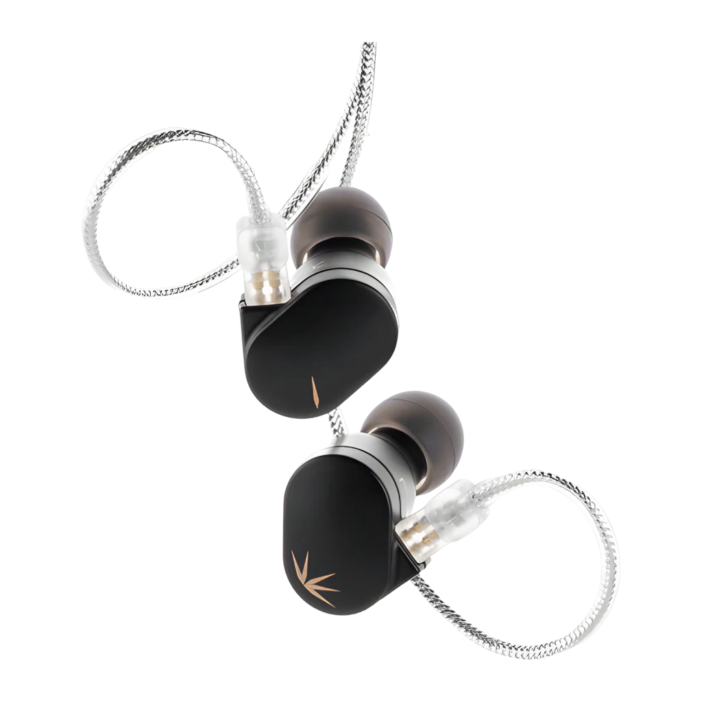 Auriculares Moondrop Chu II DSP In-Ear USB-C negros con carcasa metálica mate, logo dorado y cables plateados formando corazón; diseño compacto y elegante - Ítem2