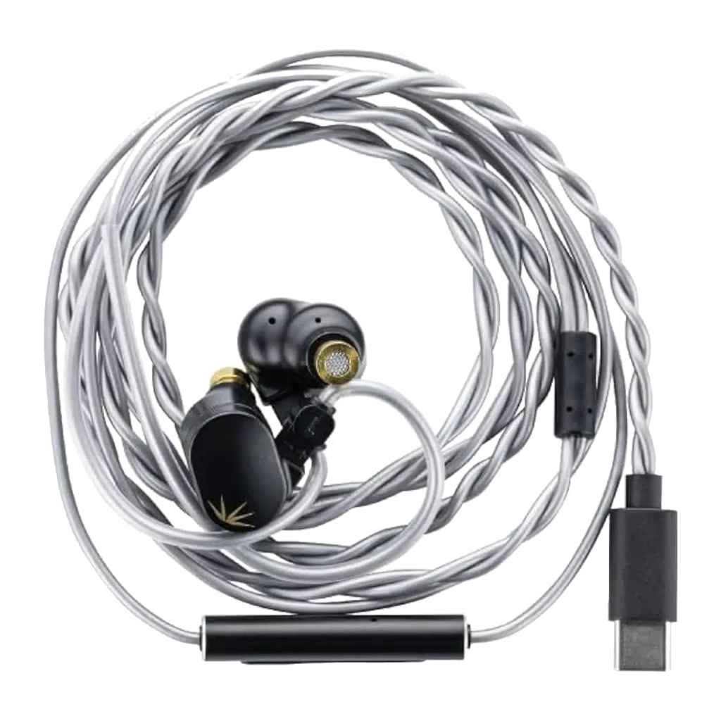 Auriculares Moondrop Chu II DSP In-Ear USB-C negros con carcasa metálica mate, logo dorado y cables plateados formando corazón; diseño compacto y elegante - Ítem3