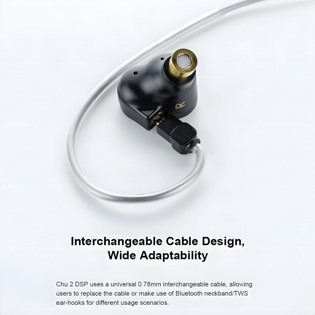 Auriculares Moondrop Chu II DSP In-Ear USB-C negros con carcasa metálica mate, logo dorado y cables plateados formando corazón; diseño compacto y elegante - Ítem8