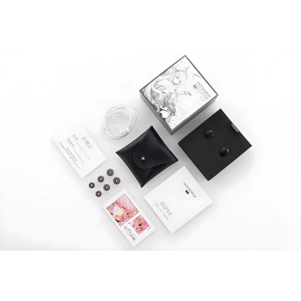 Auriculares Moondrop Chu II DSP In-Ear USB-C negros con carcasa metálica mate, logo dorado y cables plateados formando corazón; diseño compacto y elegante - Ítem9