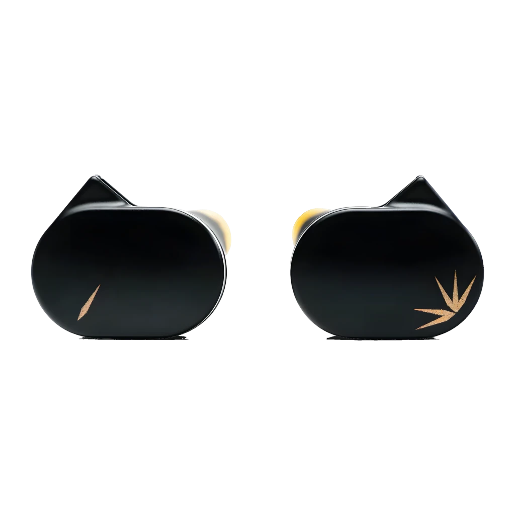 Auriculares Moondrop Chu II DSP In-Ear USB-C negros con carcasa metálica mate, logo dorado y cables plateados formando corazón; diseño compacto y elegante - Ítem1