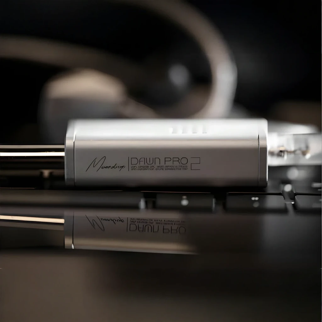 DAC Amplificador Moondrop Dawn Pro 2 en aluminio plateado, compacto, con salida balanceada 4.4 mm dorada y rejilla lateral de ventilación perforada - Ítem5