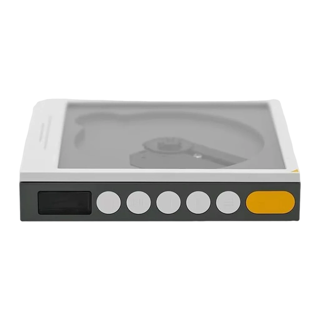 Reproductor CD Moondrop DISCDREAM 2 Portátil con tapa transparente cuadrada, controles frontales circulares, pantalla lateral y diseño minimalista en gris y - Ítem5