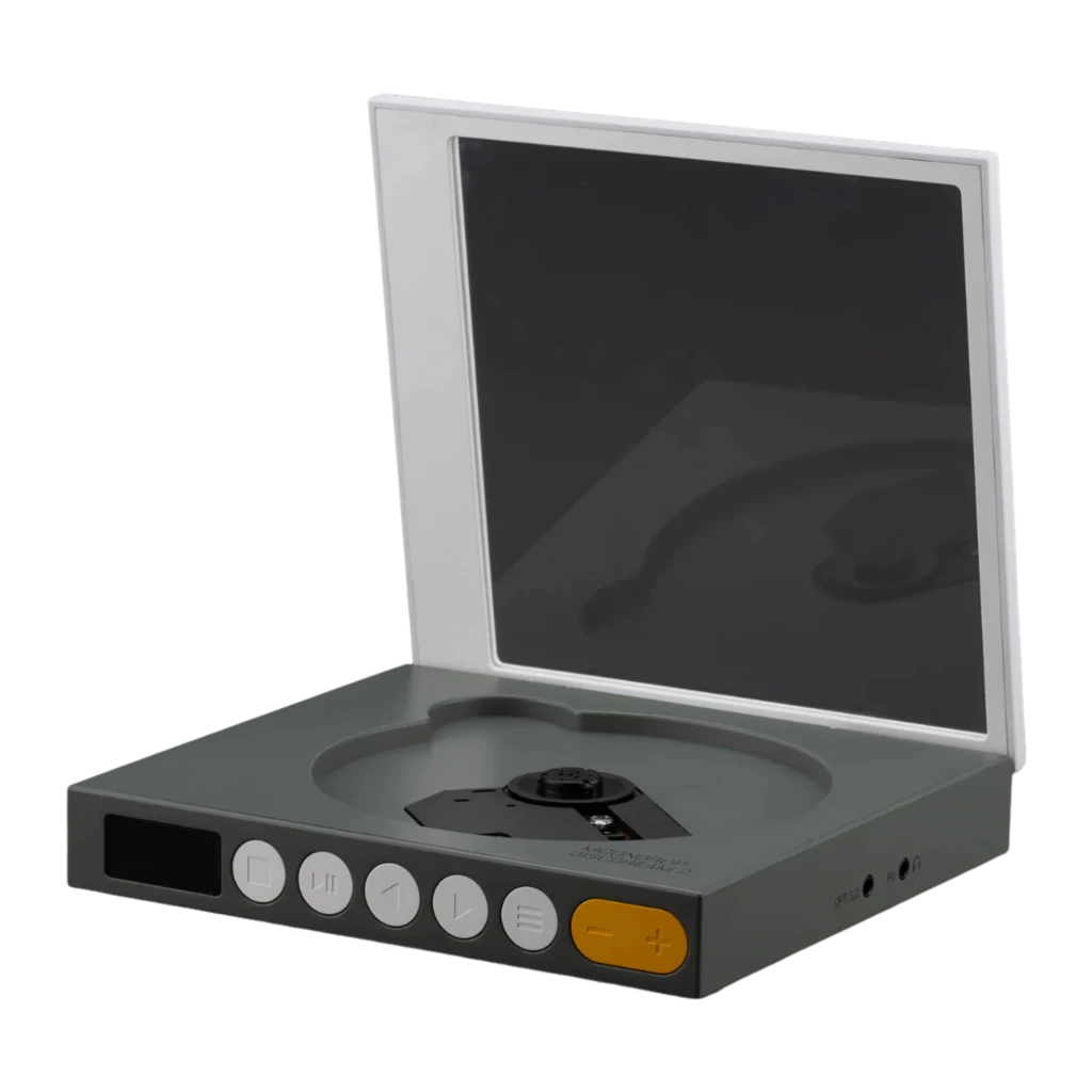 Reproductor CD Moondrop DISCDREAM 2 Portátil con tapa transparente cuadrada, controles frontales circulares, pantalla lateral y diseño minimalista en gris y - Ítem4