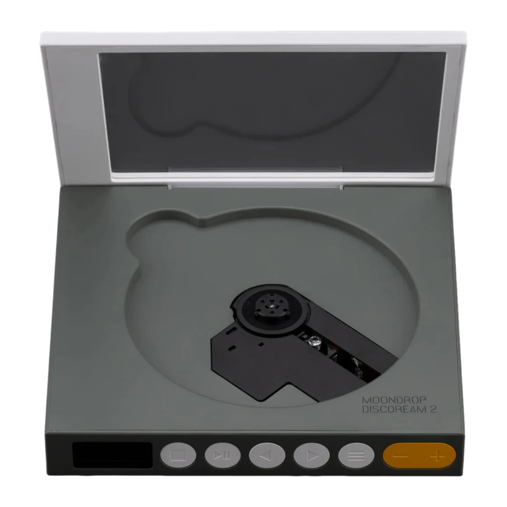 Reproductor CD Moondrop DISCDREAM 2 Portátil con tapa transparente cuadrada, controles frontales circulares, pantalla lateral y diseño minimalista en gris y - Ítem3