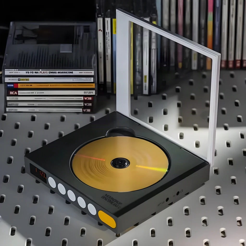 Reproductor CD Moondrop DISCDREAM 2 Portátil con tapa transparente cuadrada, controles frontales circulares, pantalla lateral y diseño minimalista en gris y - Ítem1