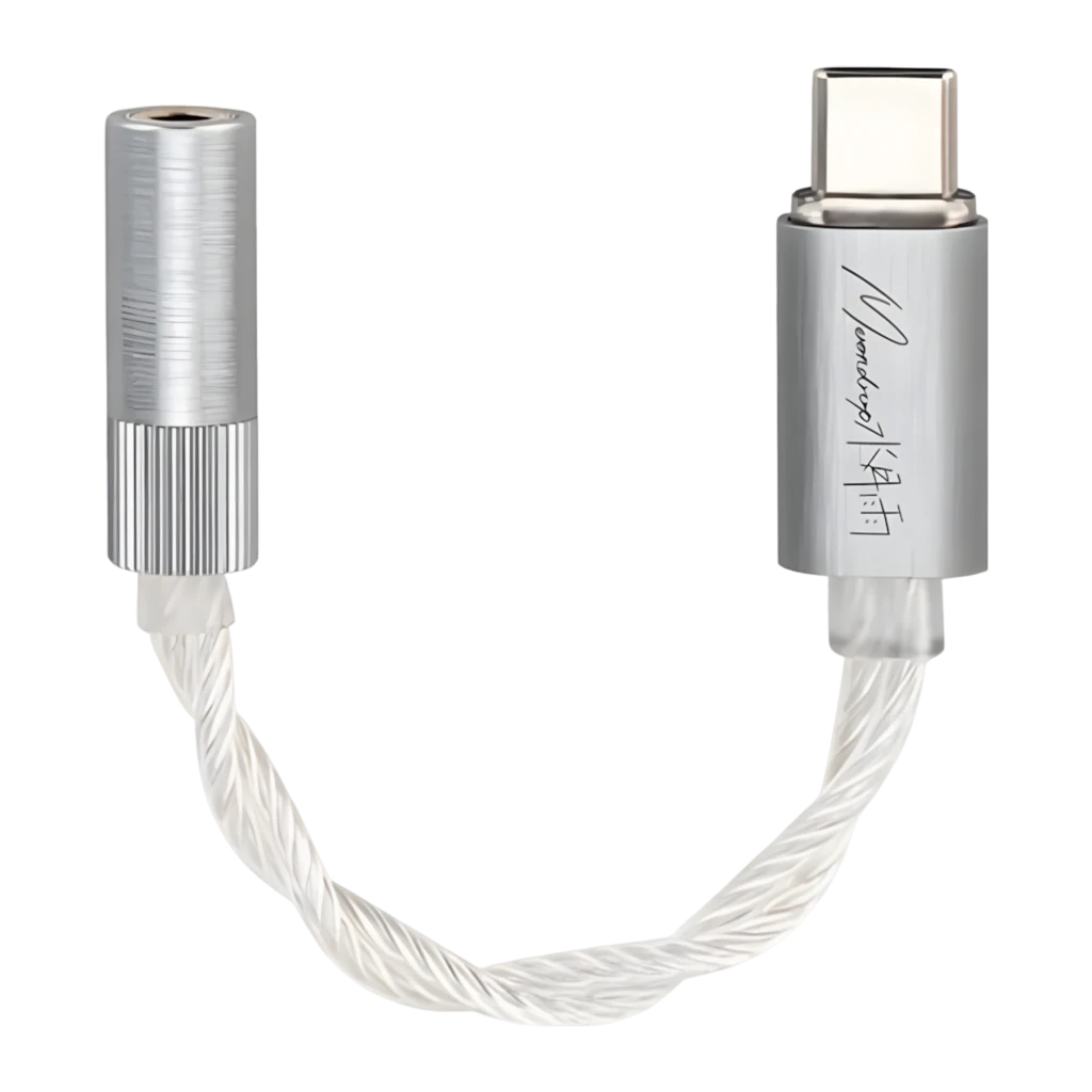 Adaptador DAC portátil Moondrop Echo-A en aluminio plateado, conector USB-C a jack 3.5 mm, cable trenzado blanco y acabado metálico estriado en el extremo - Ítem1