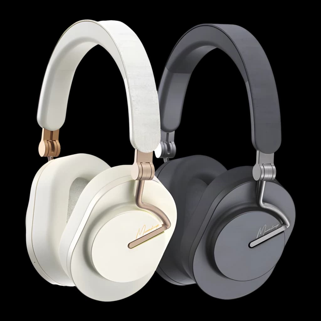 Casque Moondrop Edge Grey ANC hybride, arceau rembourré, coques ovales mates, charnières métalliques, finitions gris foncé et blanc avec accents dorés