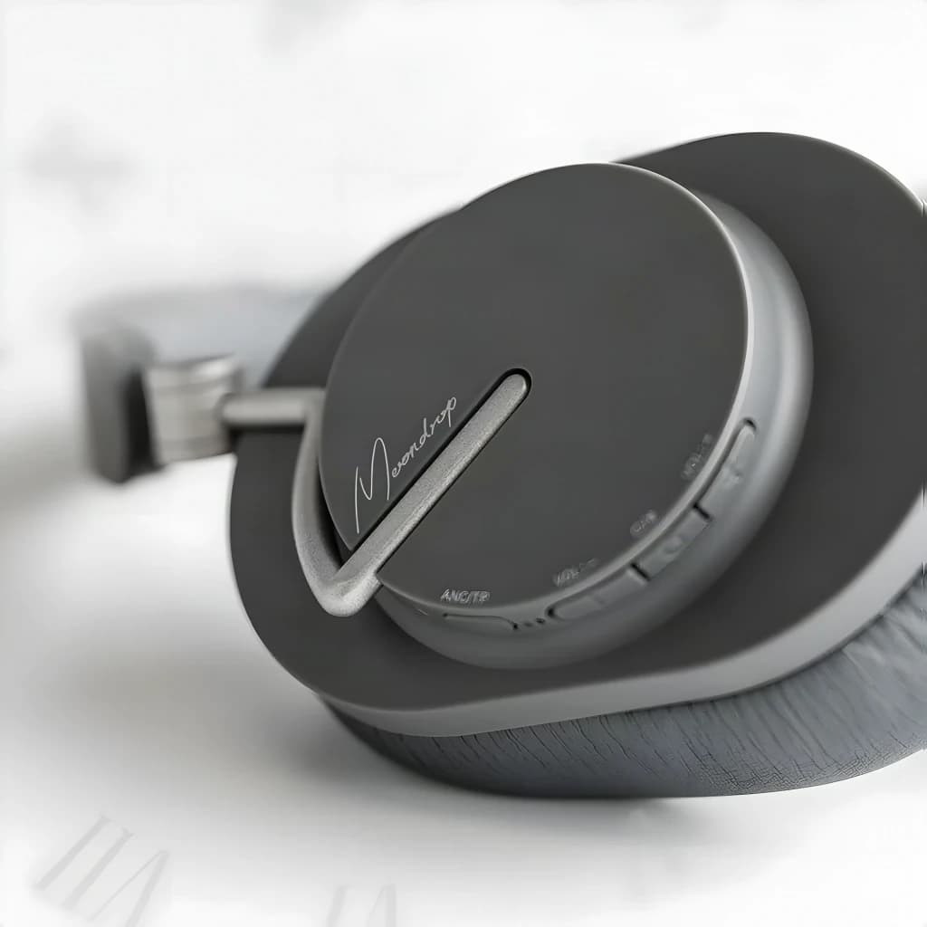 Casque Moondrop Edge Grey élégant, coques grises mates, arceau rembourré, boutons latéraux dédiés, conception circum-aurale, réduction de bruit ANC
